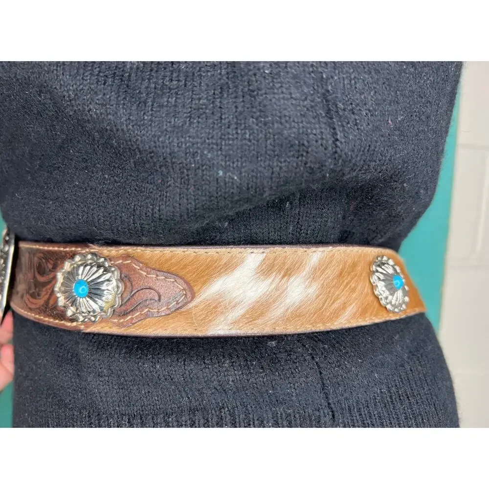 belt tooled leather silver tone buckle cowhide western